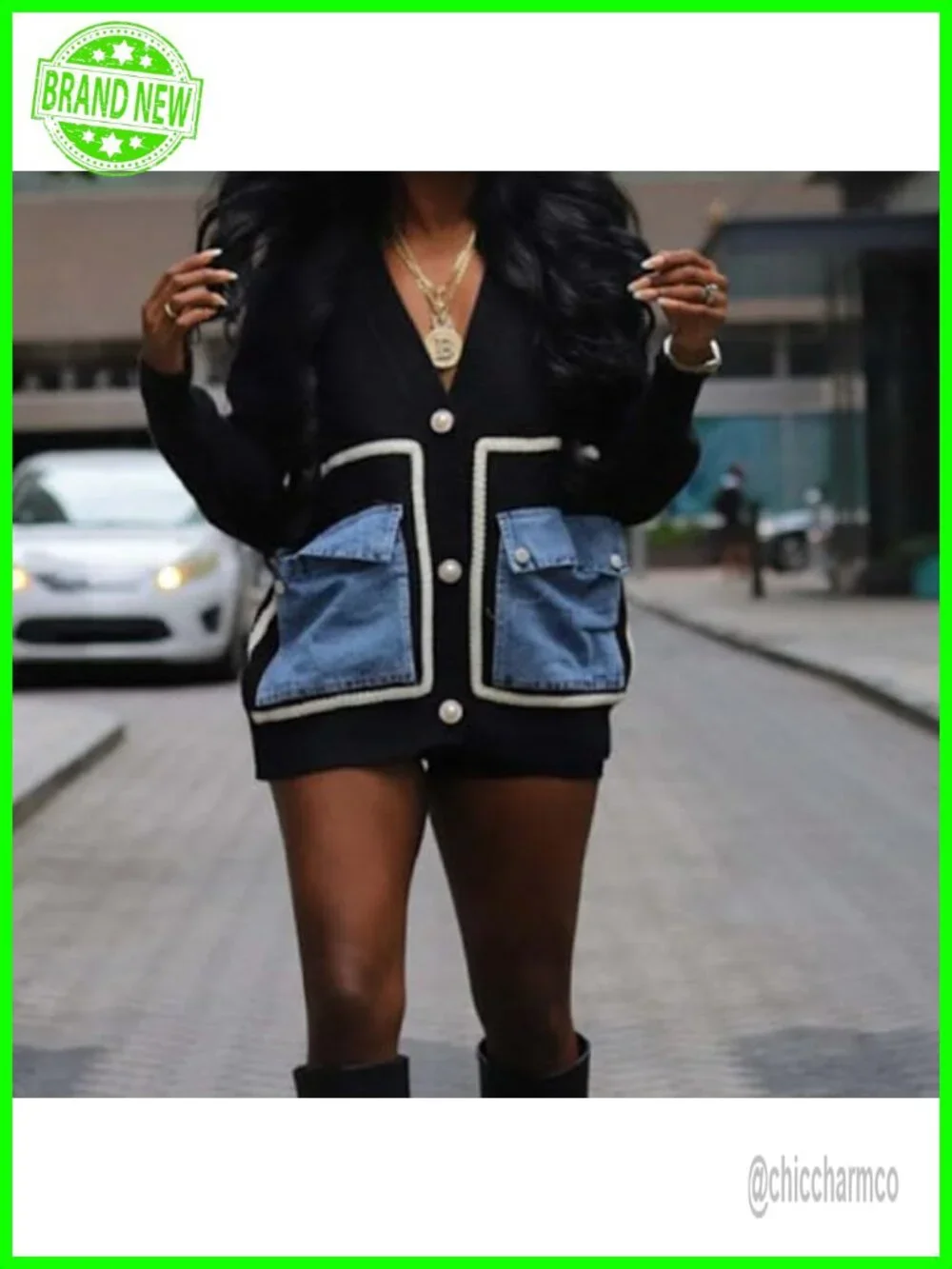 Women's Open Front Patchwork Cable Knit Cardigan Sweater with Denim Pockets